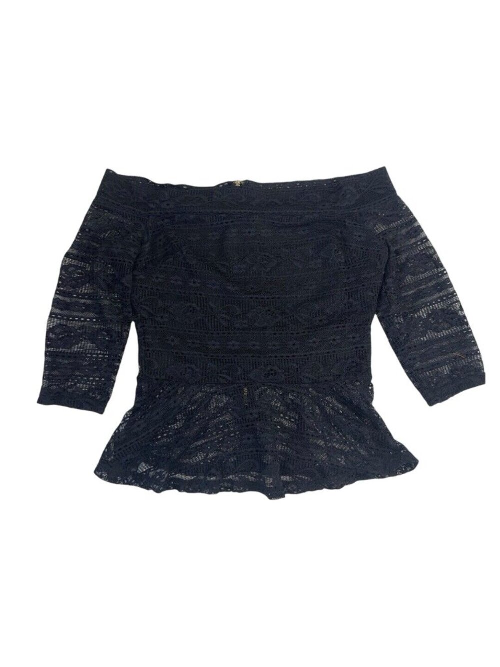 Bebe Women SZ S. Black Lace Peplum Top Blouse Off The Shoulder Gold Zipper Back